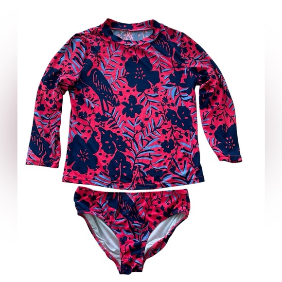 Lilly Pulitzer Girl's Size 10 Red Heron Bobby Rashguard Swimsuit 2pc Swim Set - Picture 1 of 7